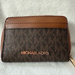 Michael Kors Brown and Tan Logo Zip Card Case